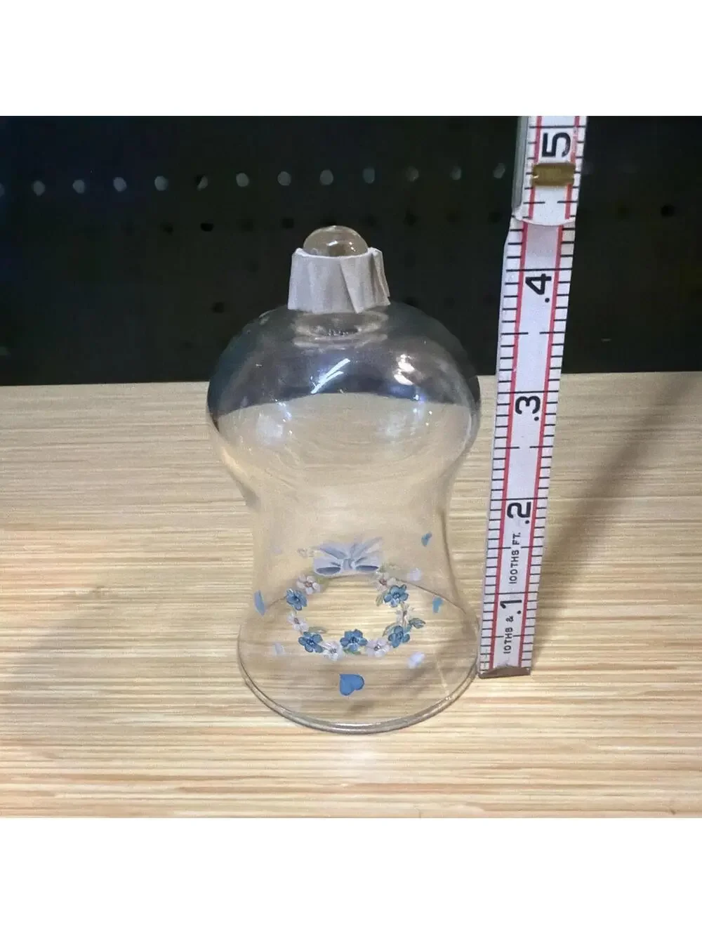 VTG Hand Painted Hurricane Lamp Shade/ Chimney Clear W Blue Hearts Flowers Bow *